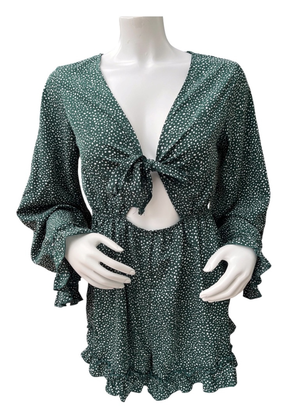 SHEIN Green Romper With White Polkadot Size L Ruffled Front Tied